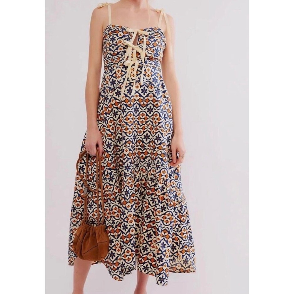 Free People Pear Sorbet Combo Midi Dress Lace Up Smocked Floral OB2000443 M